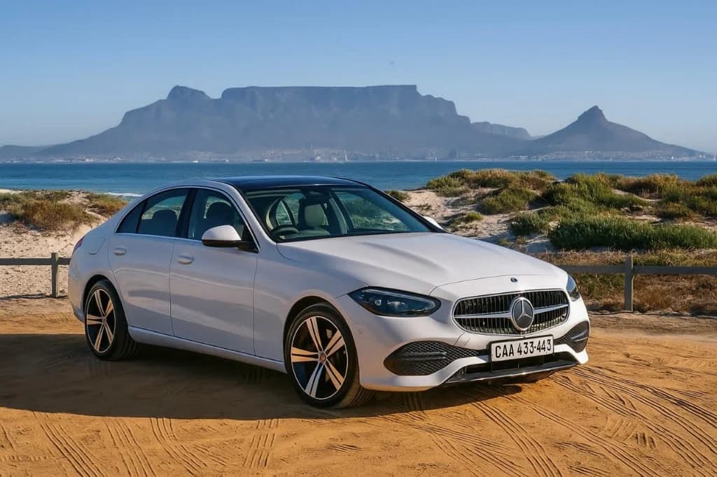 White Mercedes-Benz C-Class chauffeur sedan with Table Mountain across the bay