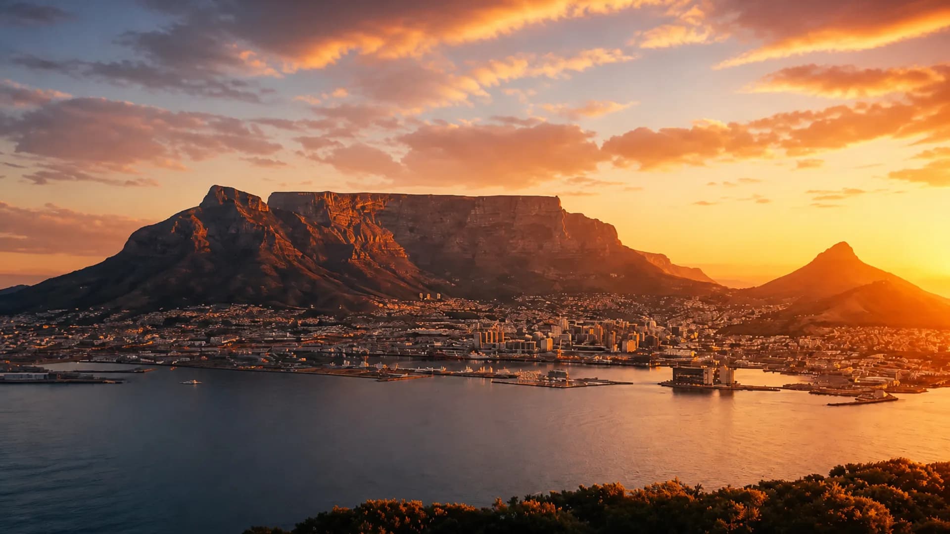 Table Mountain and Lion's Head at sunset over Cape Town harbour