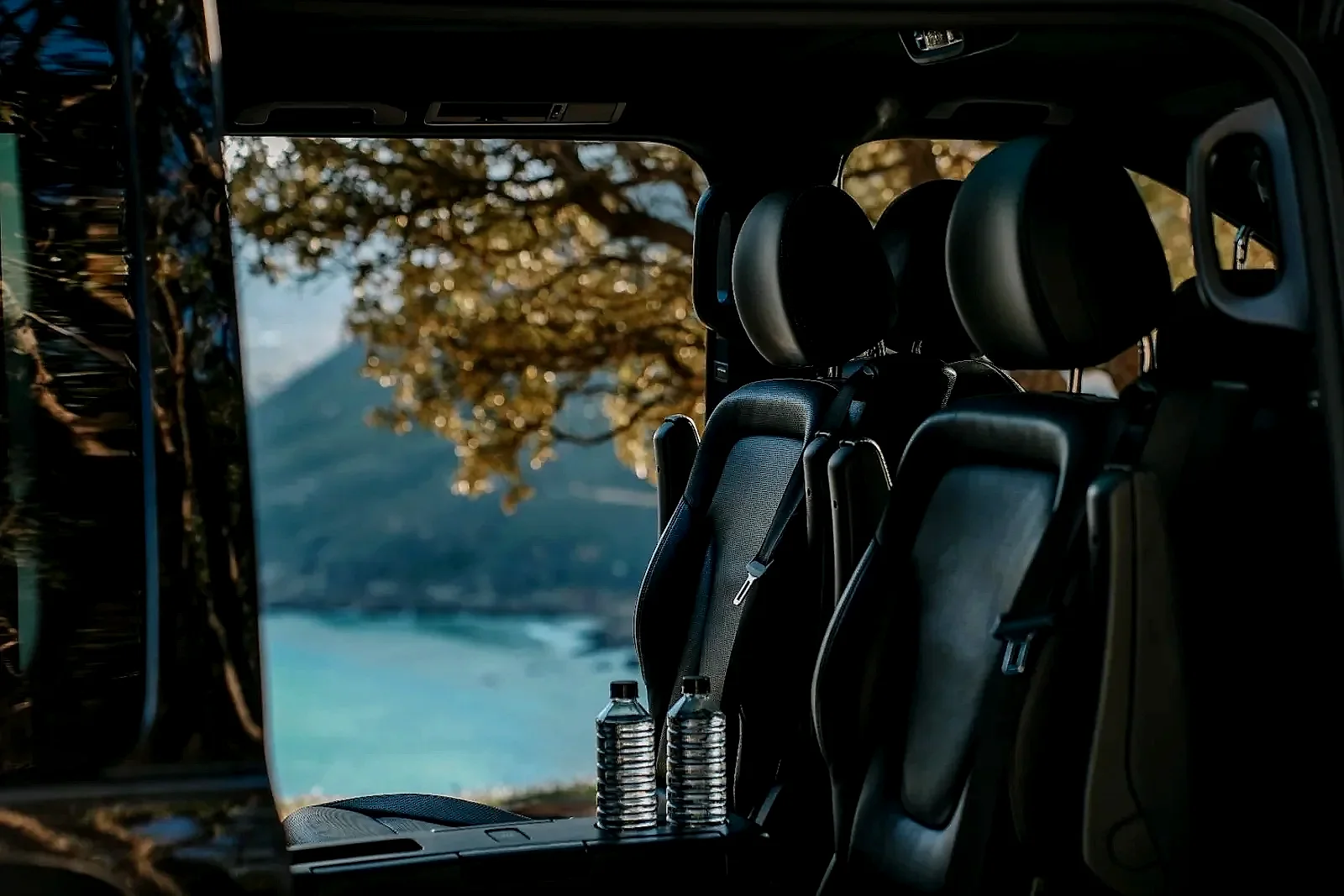 Luxury Mercedes V-Class interior with captain chairs and Cape coastal views through the open door